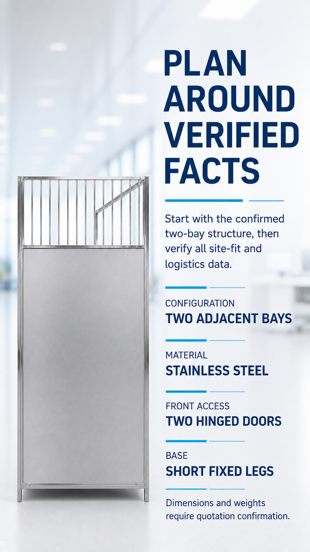 Verified-facts poster for the two-bay stainless steel cage configuration