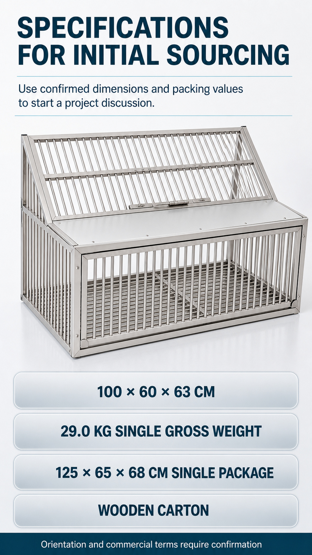 Front three-quarter pigeon cage view with listed overall dimensions, package size, and gross package weight