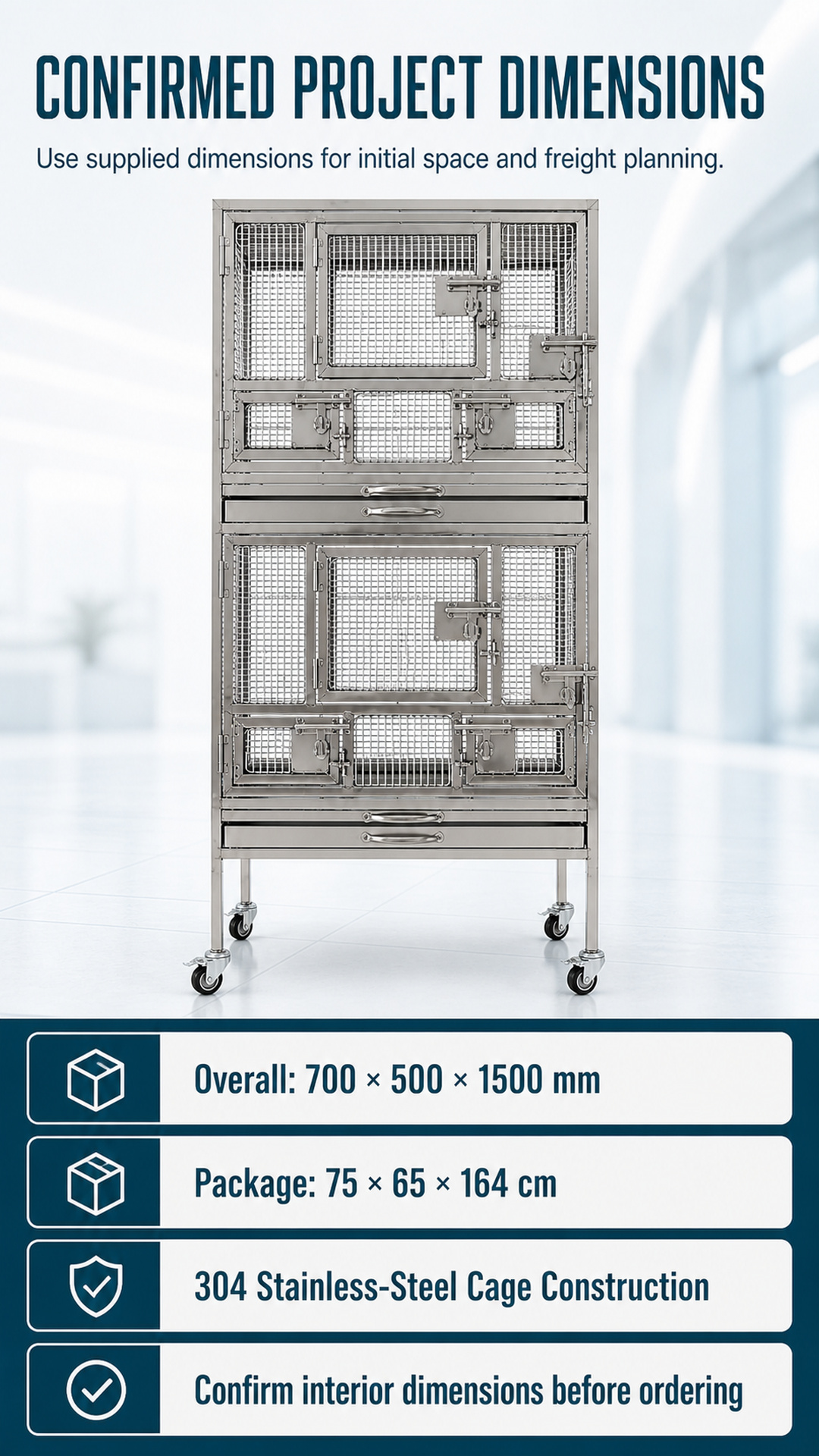 Stainless steel bird cage specification poster with overall and package dimensions