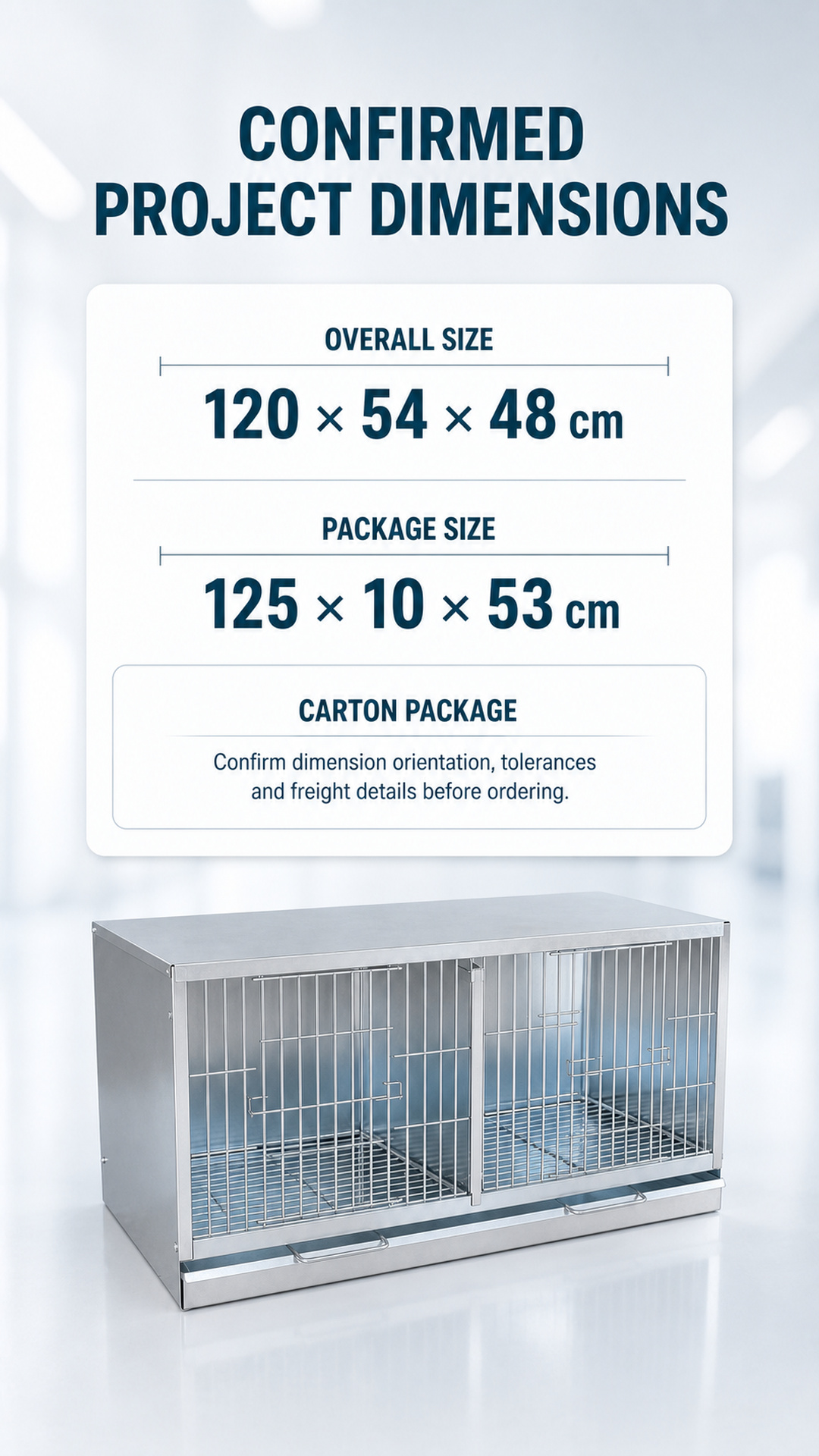 Overall and carton package dimensions for the two-bay bird cage