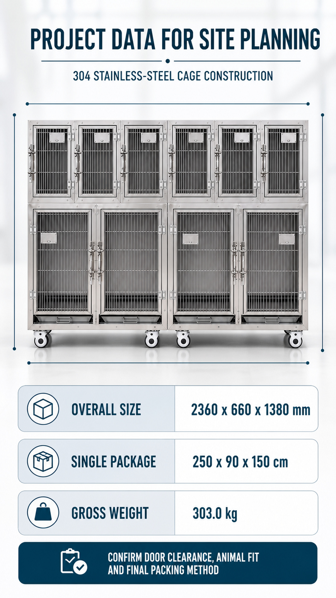 Specification poster with confirmed size, package dimensions and gross weight