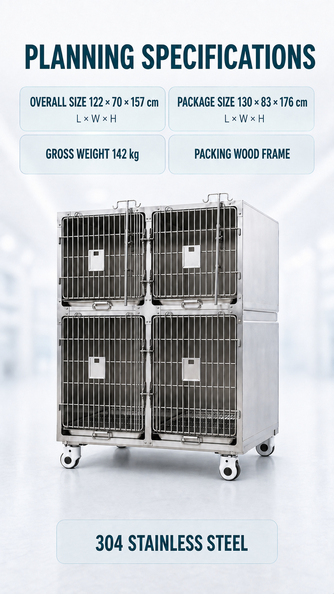 Planning-specifications poster with overall size, package size, gross weight, wood-frame packing, and 304 stainless steel