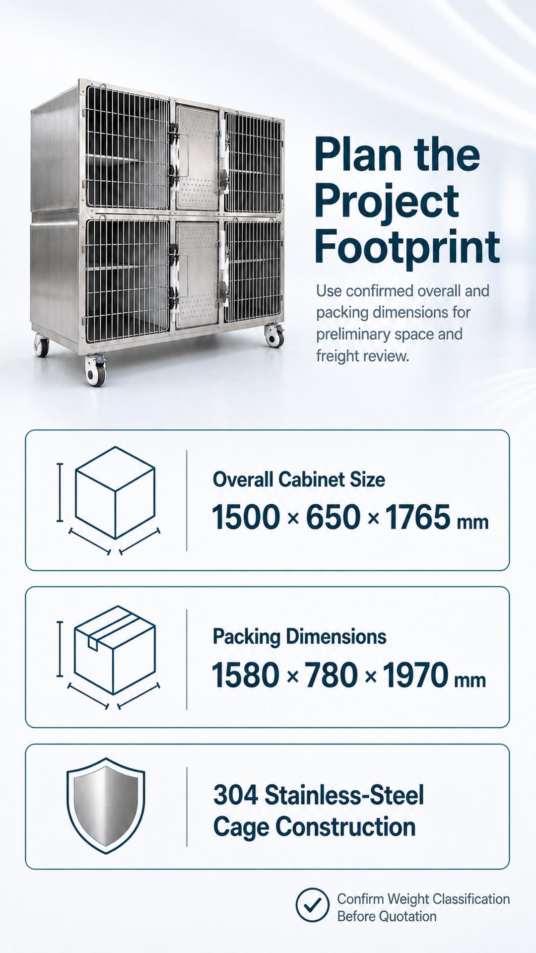 Overall and packing dimensions for the 304 stainless-steel cage cabinet