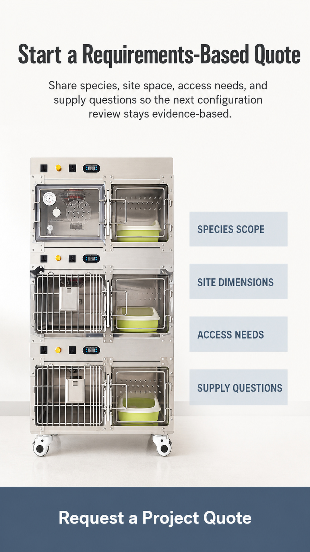 Requirements-based enquiry poster for species, site dimensions, access needs, and supply questions