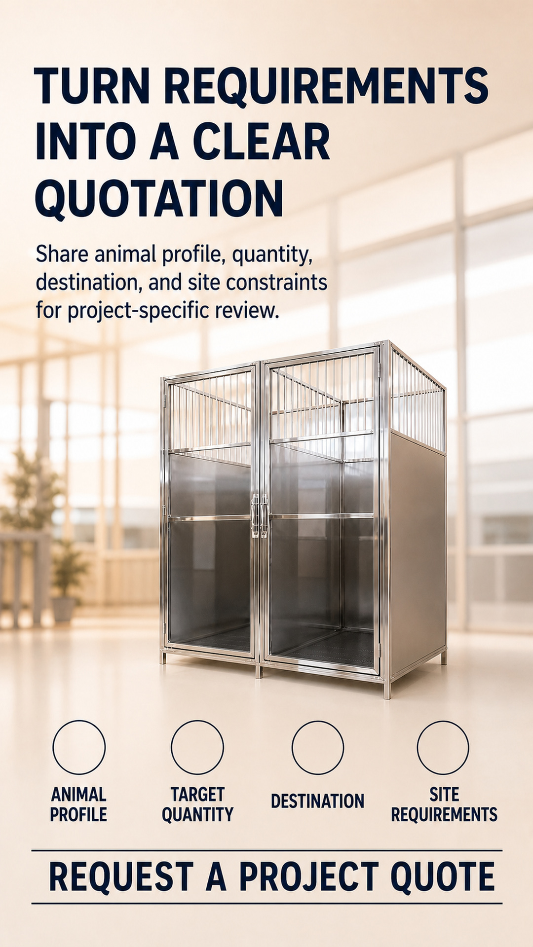 Project-enquiry poster listing animal profile, quantity, destination and site requirements