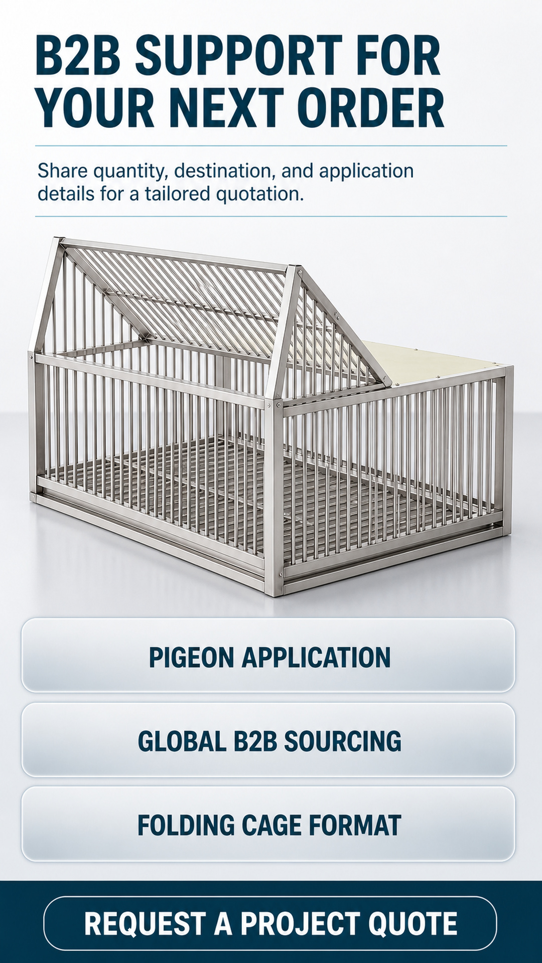 Rear three-quarter folding pigeon cage view with B2B project support and request-a-quote artwork