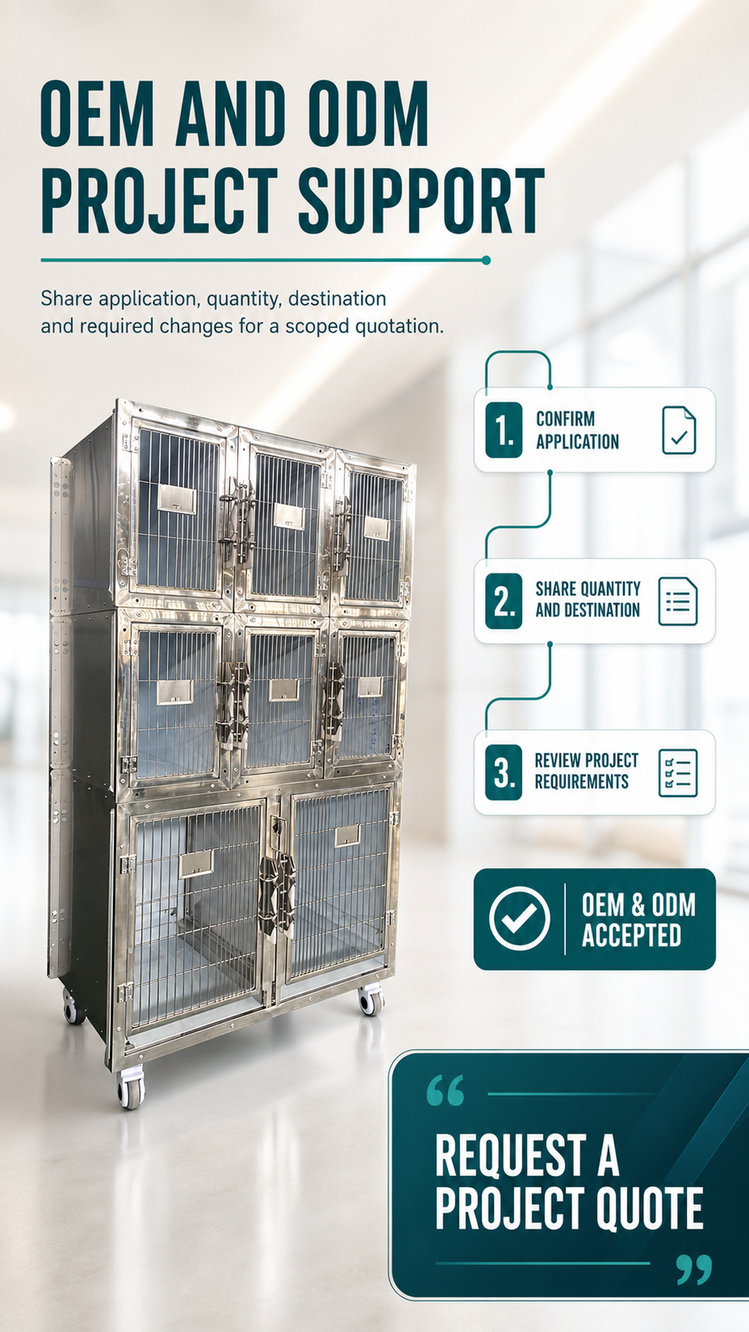 OEM and ODM project enquiry steps for an eight-compartment veterinary cage cabinet
