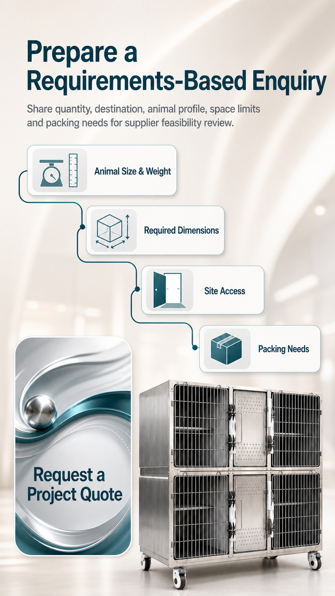 Requirements checklist and project quotation artwork for the veterinary cage cabinet