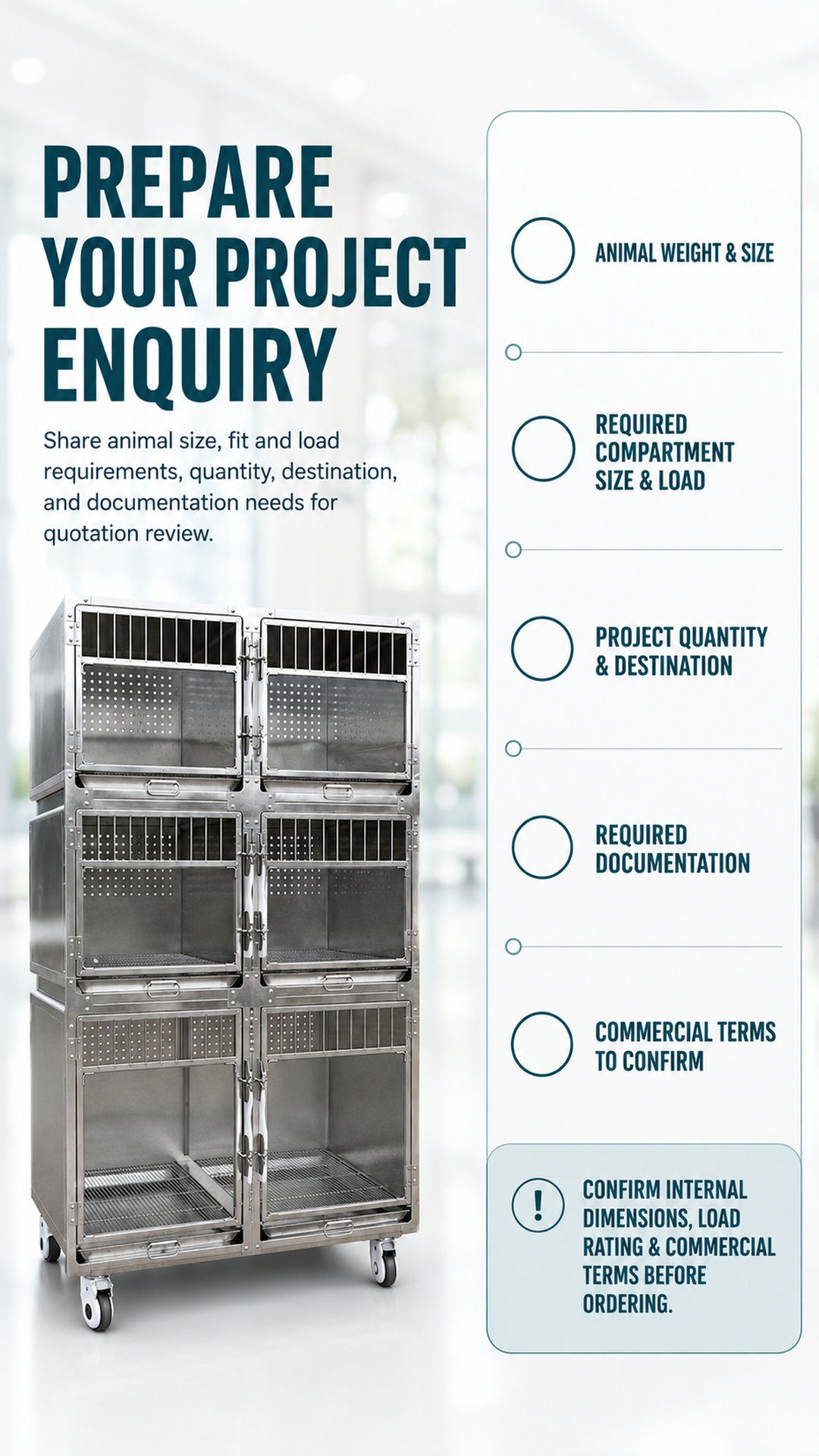 Project-enquiry checklist for animal fit, load, quantity, destination, documents and commercial terms