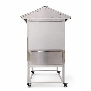 Commercial pet cages stainless steel cabinet, front studio view with covered roof and caster base