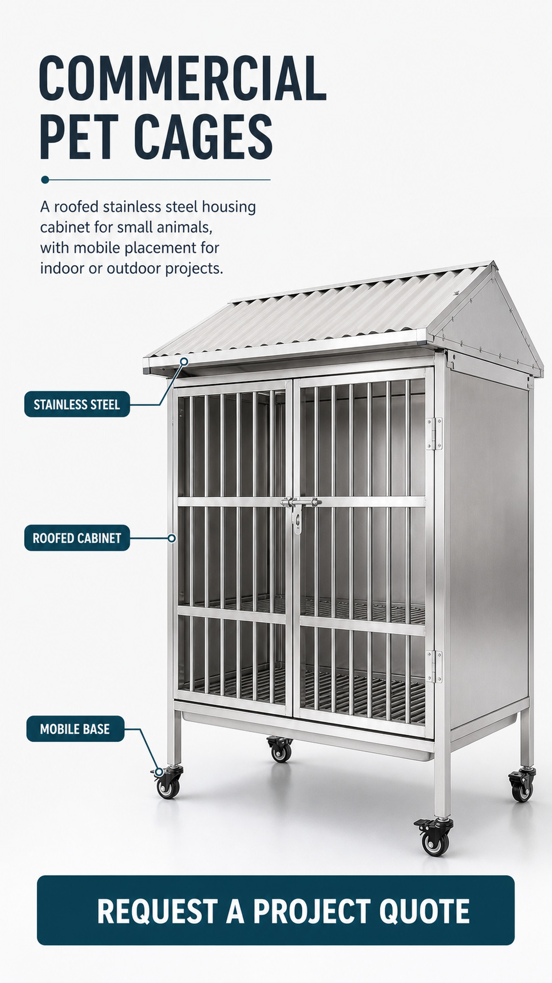 Commercial pet cages overview showing the mobile stainless steel small-animal housing cabinet