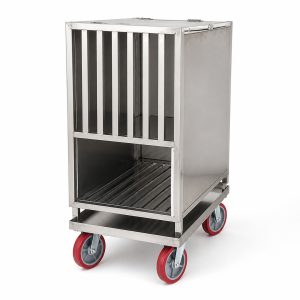 pet cage wholesale supplier stainless steel mobile dog carrier cage, front view on caster-wheel trolley base