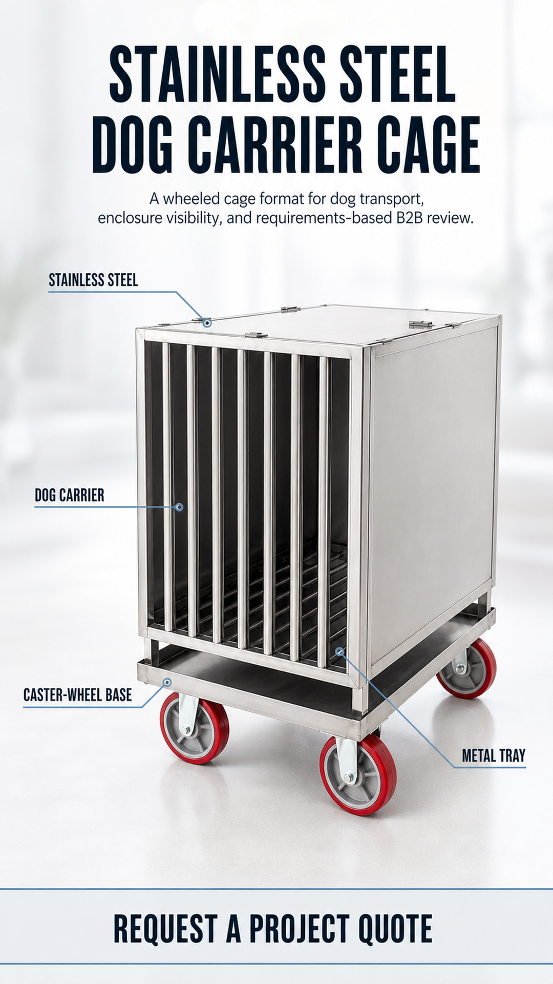 stainless steel dog carrier cage system with barred front, metal tray, and caster-wheel base
