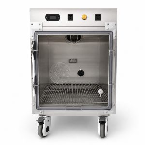 Pet oxygen chamber front view in a silver 304 stainless steel cabinet