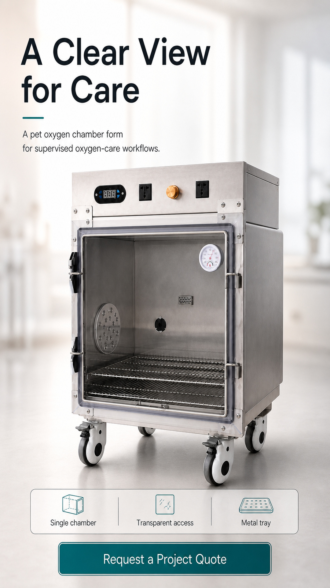 Pet oxygen chamber detail graphic showing a single chamber, transparent access panel, and metal tray
