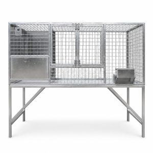 Wholesale animal cages front view showing the elevated enclosure, paired doors, and fixed braced stand.