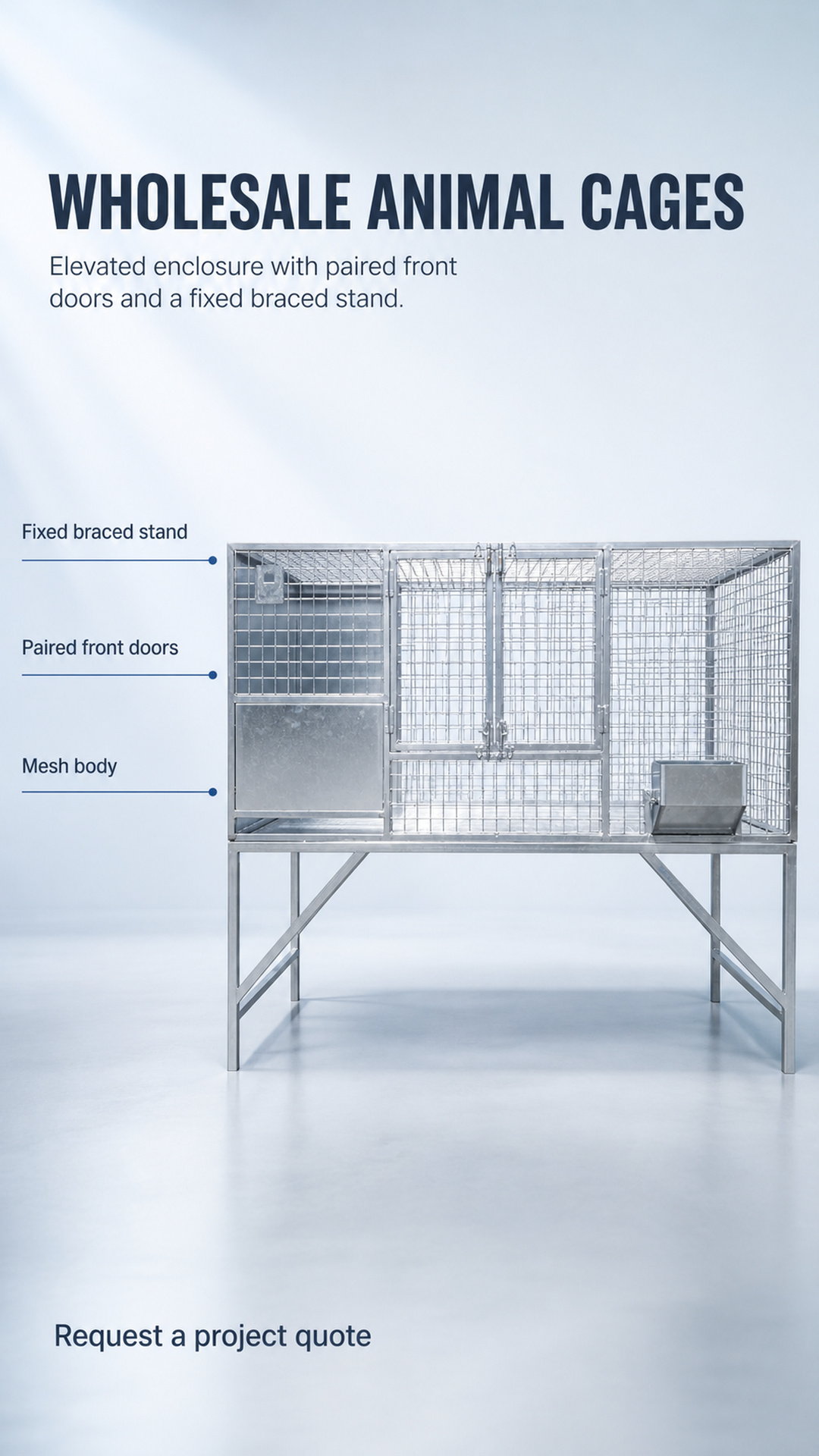 Wholesale animal cages detail poster showing the full elevated enclosure with paired front doors and a fixed braced stand.
