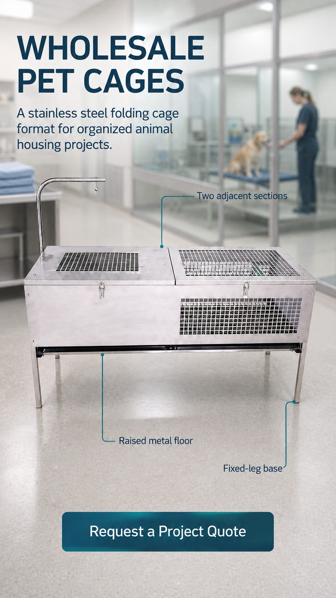 Stainless steel pet cage system shown in a softly defocused veterinary holding context