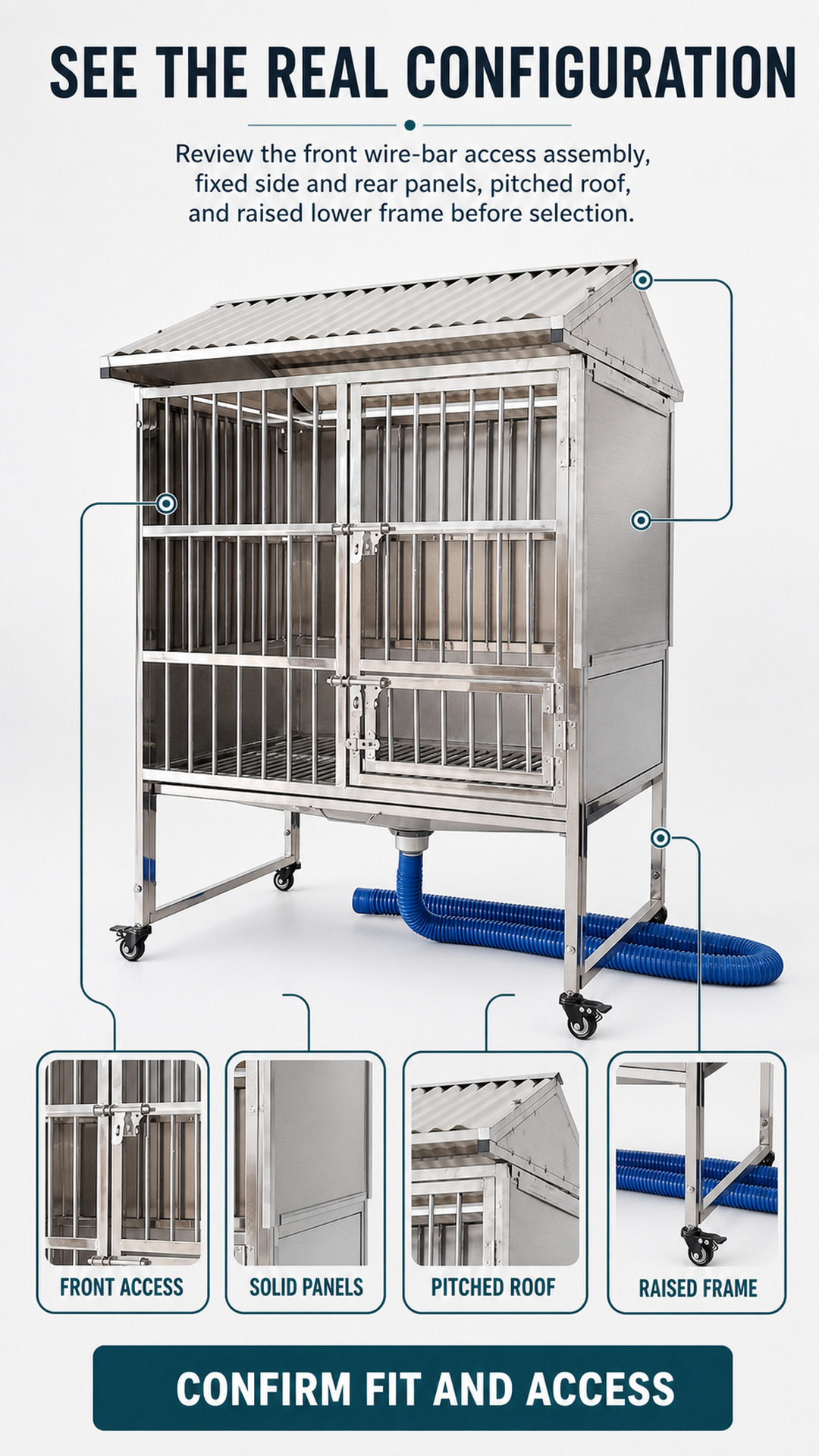 Roofed stainless steel pet cage cabinet configuration with front access assembly and enclosed panels