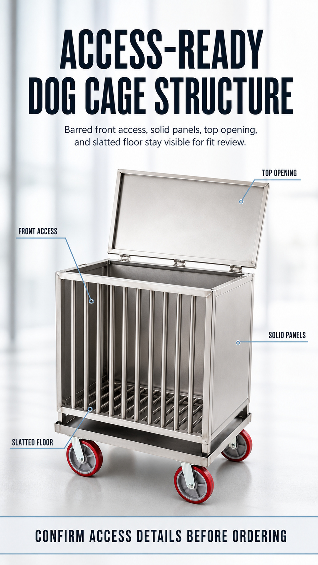 dog carrier cage configuration showing front access, top opening, solid panels, and slatted floor