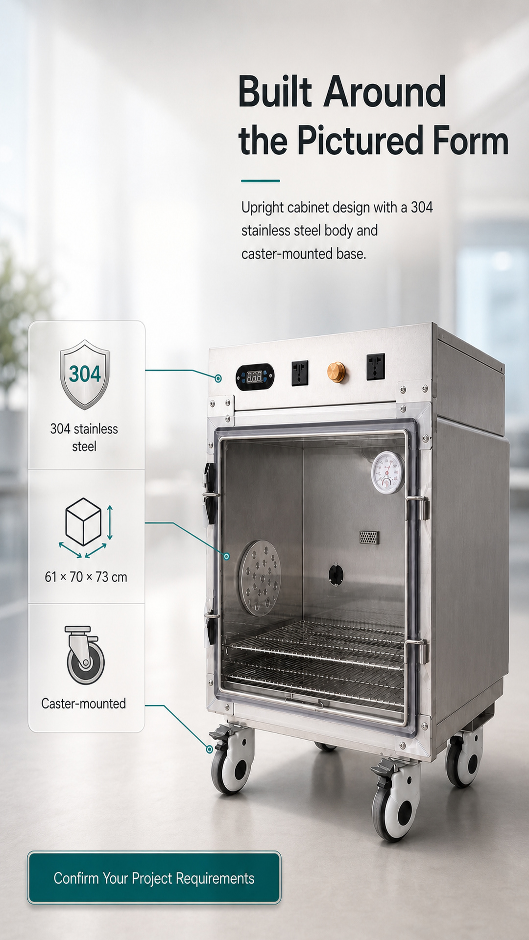 Pet oxygen chamber detail graphic showing the 304 stainless steel body, external size, and caster-mounted base