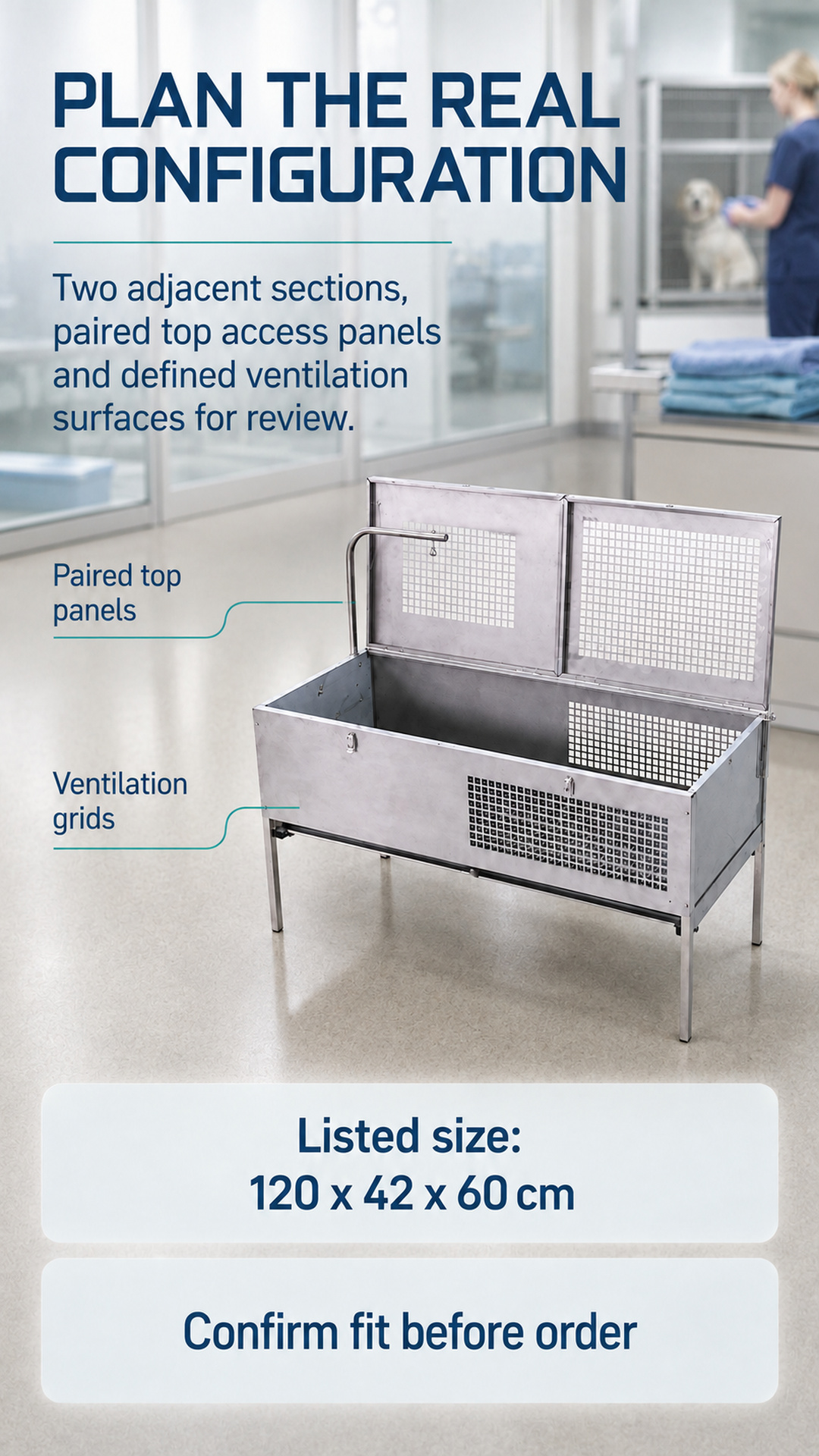 Two-section stainless steel pet cage with paired top access panels shown open