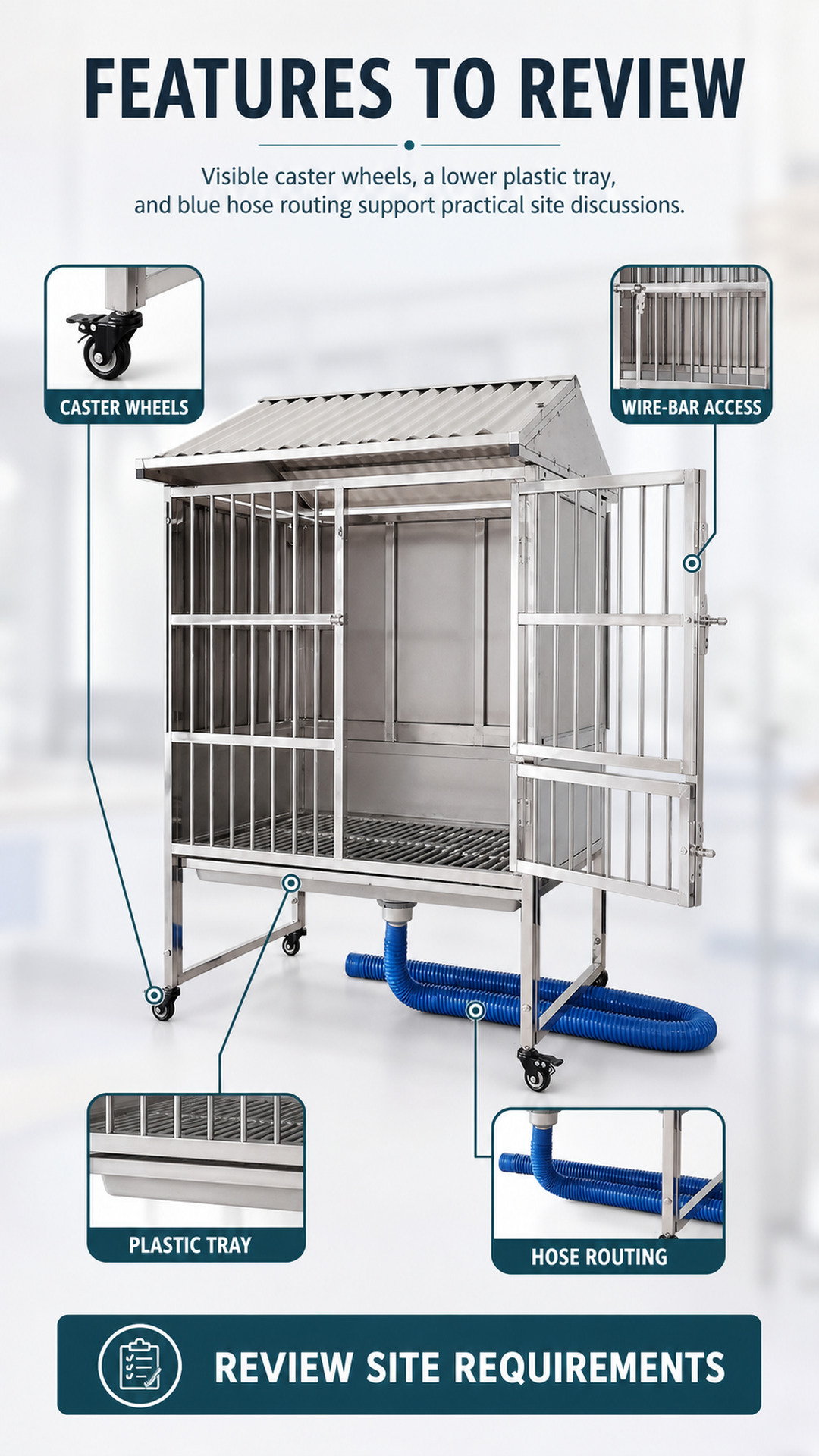 Pet cage cabinet access, lower tray, hose routing, and caster-base features