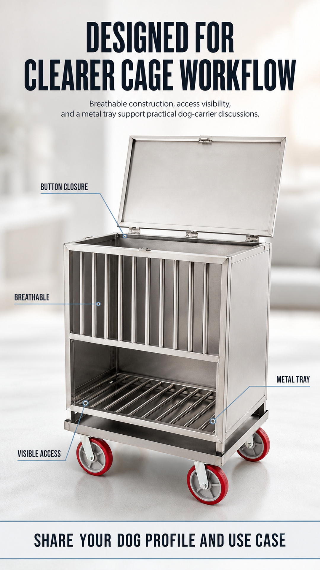 breathable stainless steel dog carrier cage with button closure label, visible access, and metal tray