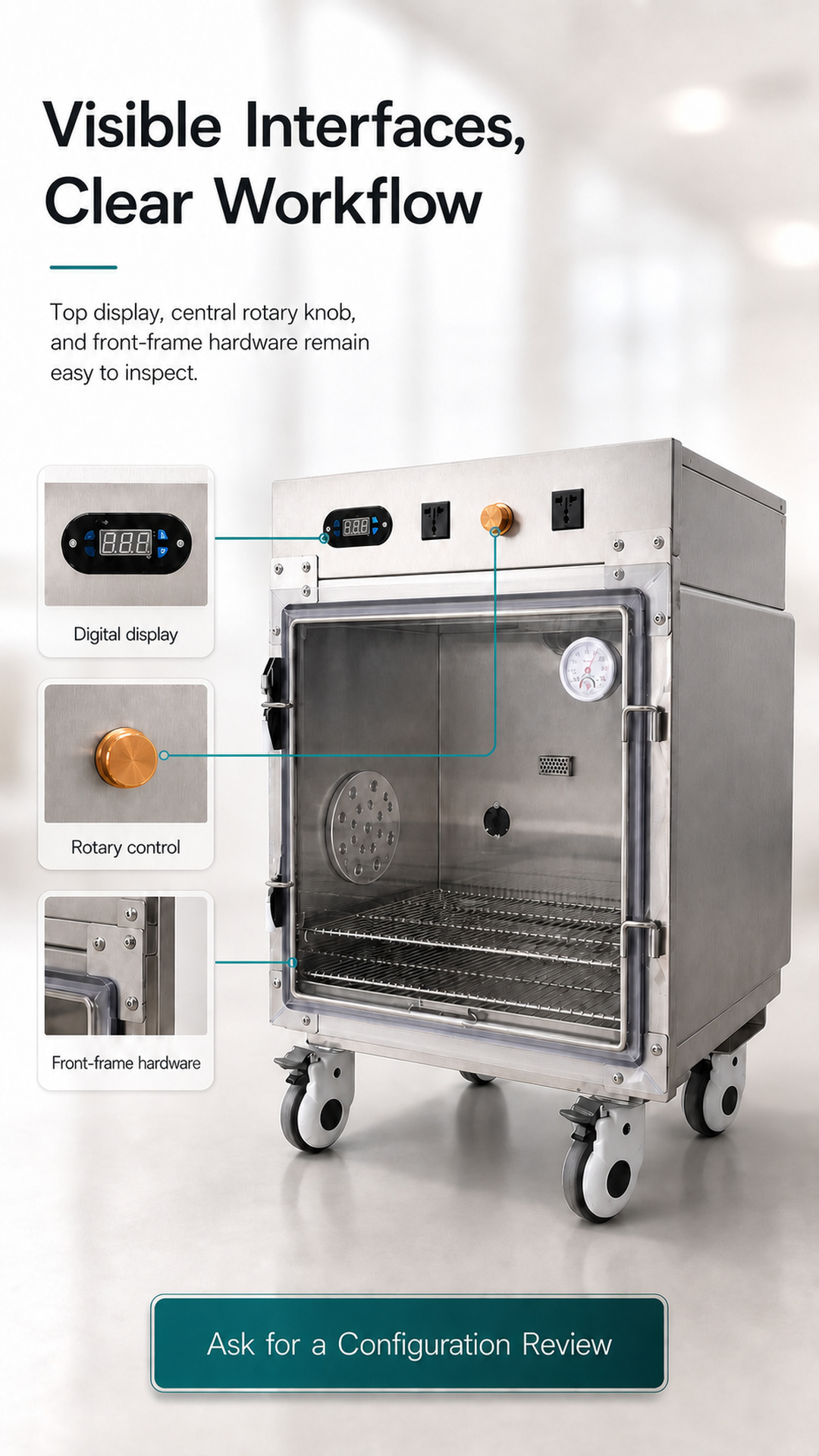 Pet oxygen chamber detail graphic showing the digital display, rotary control, and front-frame hardware