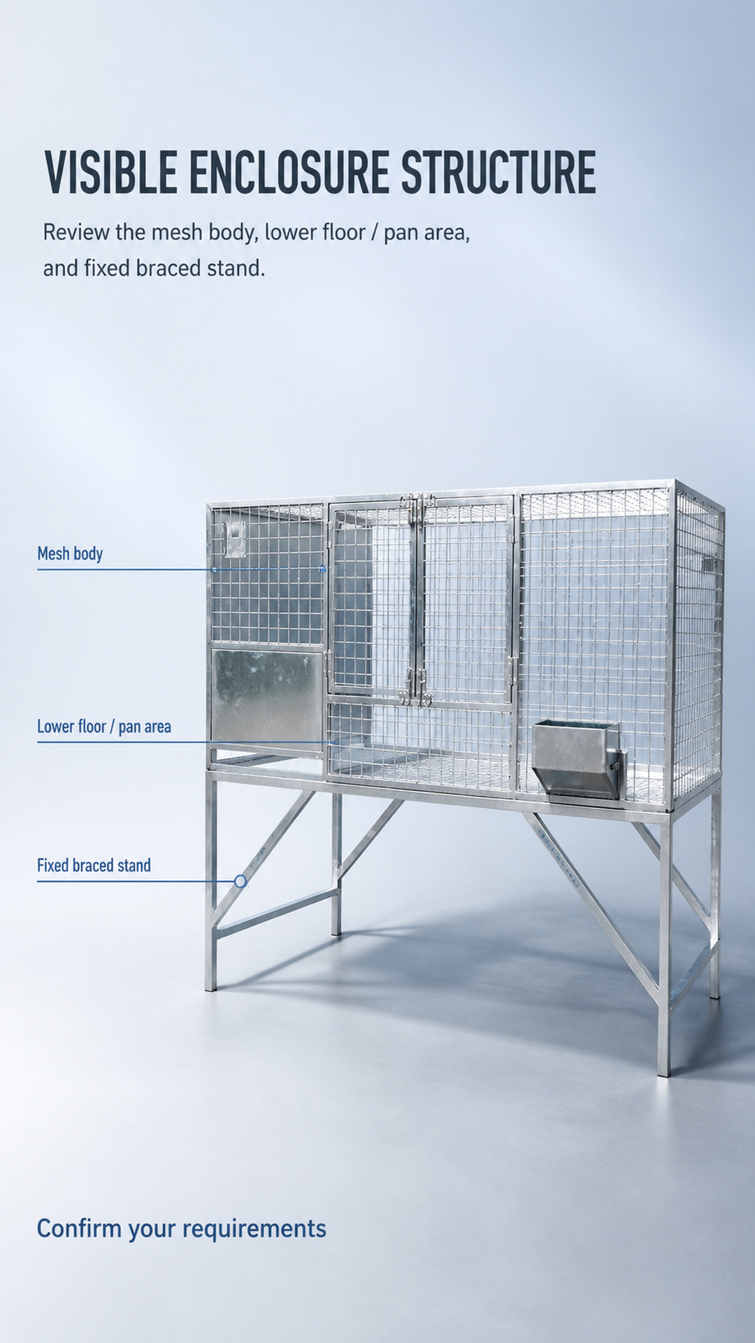 Detail poster showing the mesh body, lower floor / pan area, and fixed braced stand.