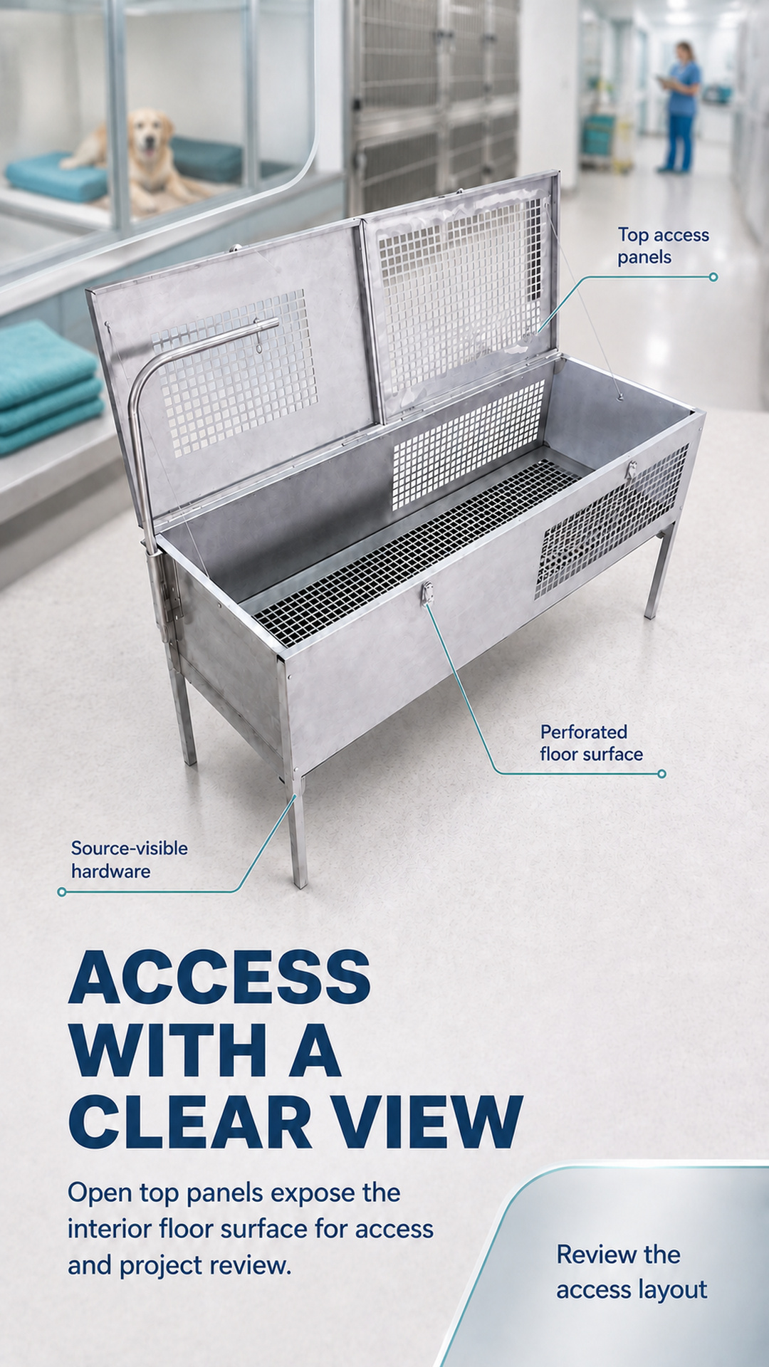 Pet cage ventilation grids and raised perforated metal base surface shown in an animal hospital context