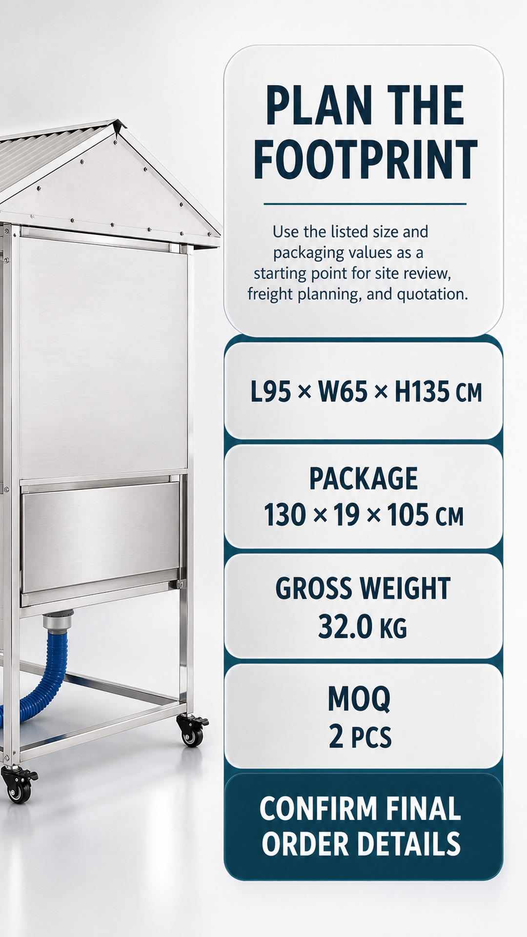 Confirmed dimensions and packing data for commercial pet cage site and freight planning