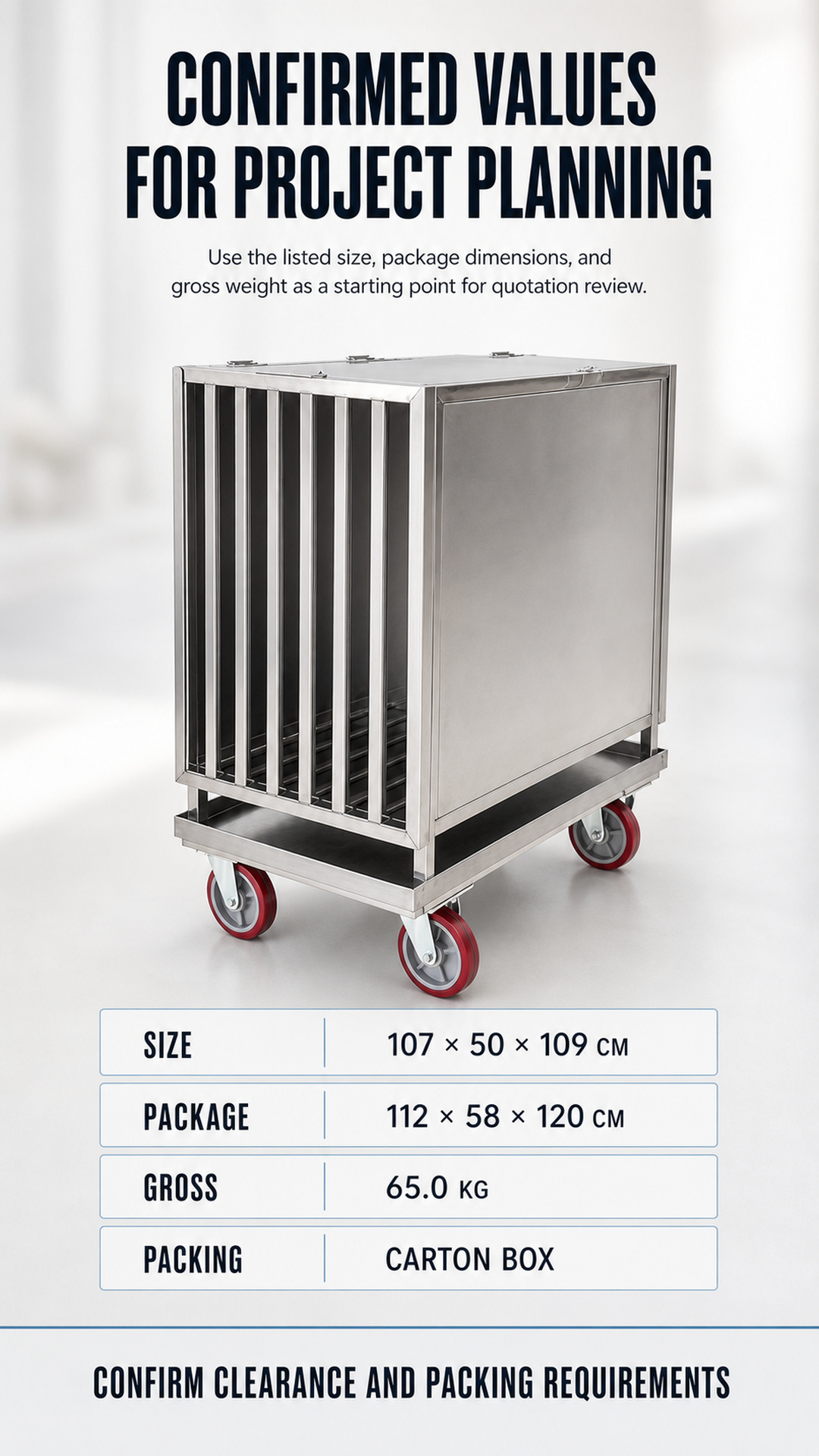 dog carrier cage specification poster showing 107 × 50 × 109 cm size and 65.0 kg gross weight