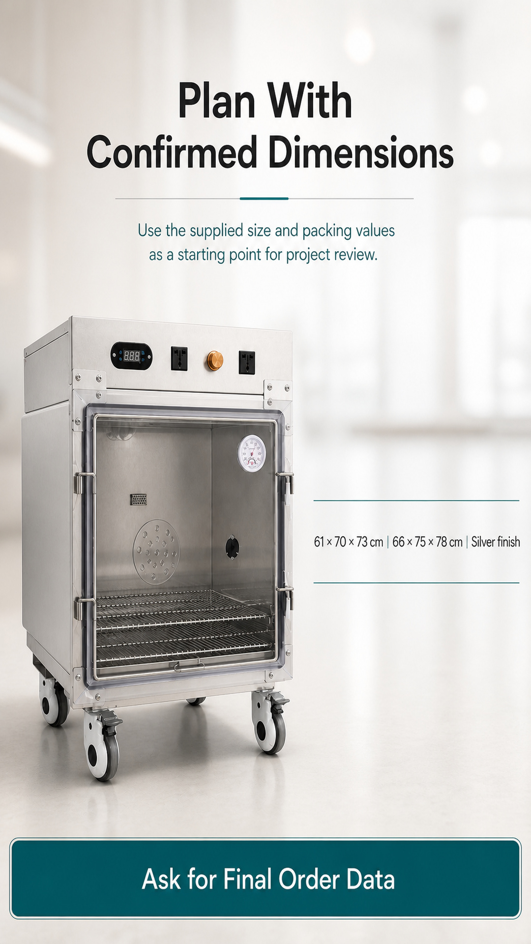 Pet oxygen chamber detail graphic with the supplied size, packing size, and silver finish