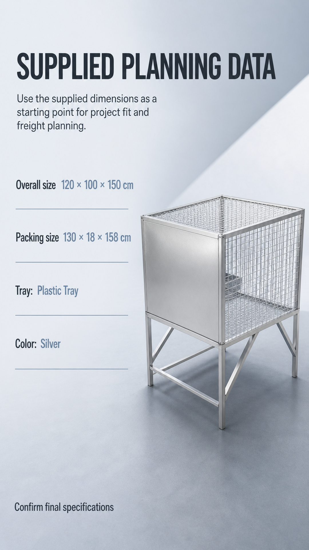 Specification detail poster showing the supplied overall and packing dimensions for the elevated enclosure.