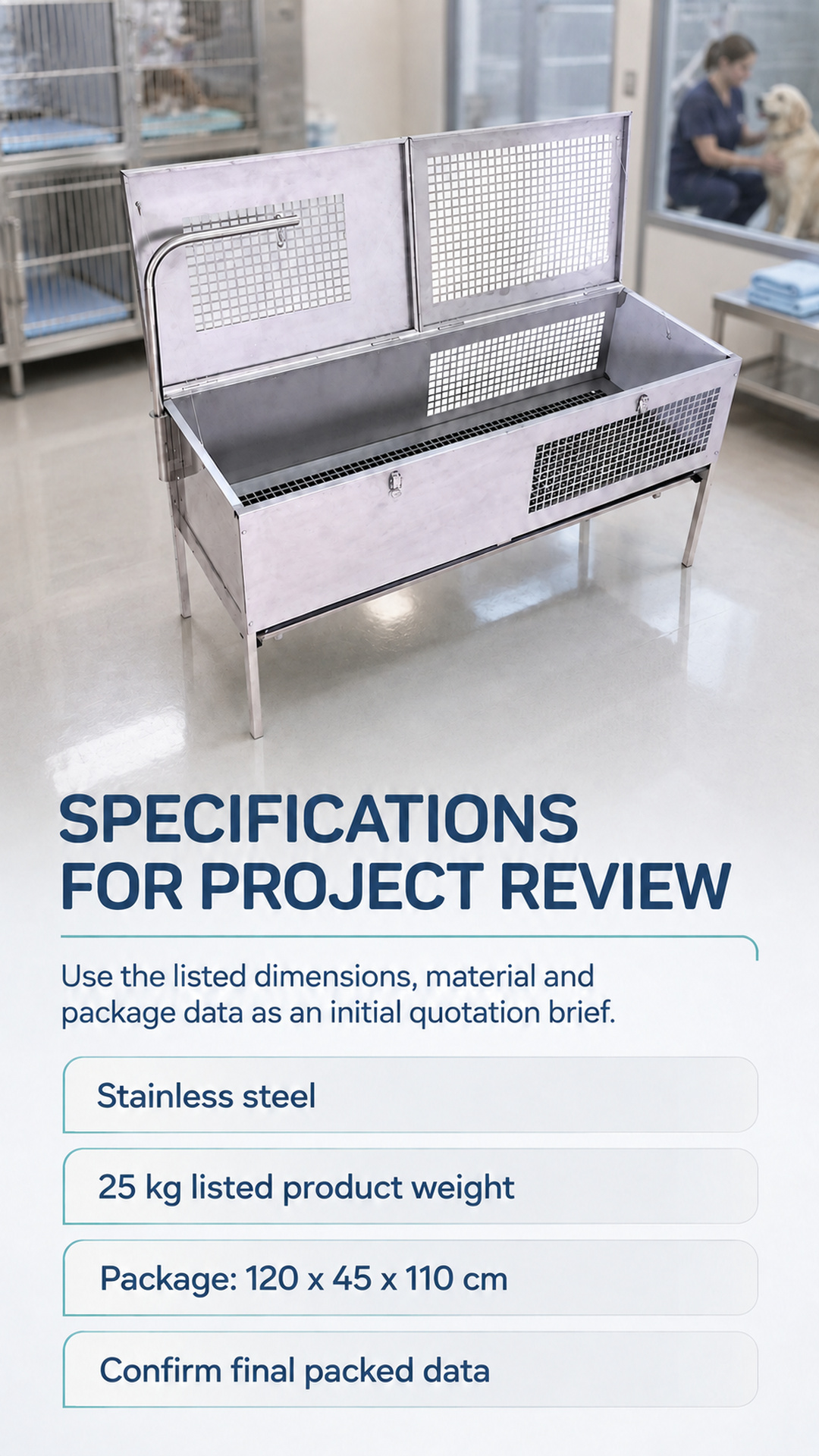 Stainless steel pet cage specifications poster with listed size and weight details