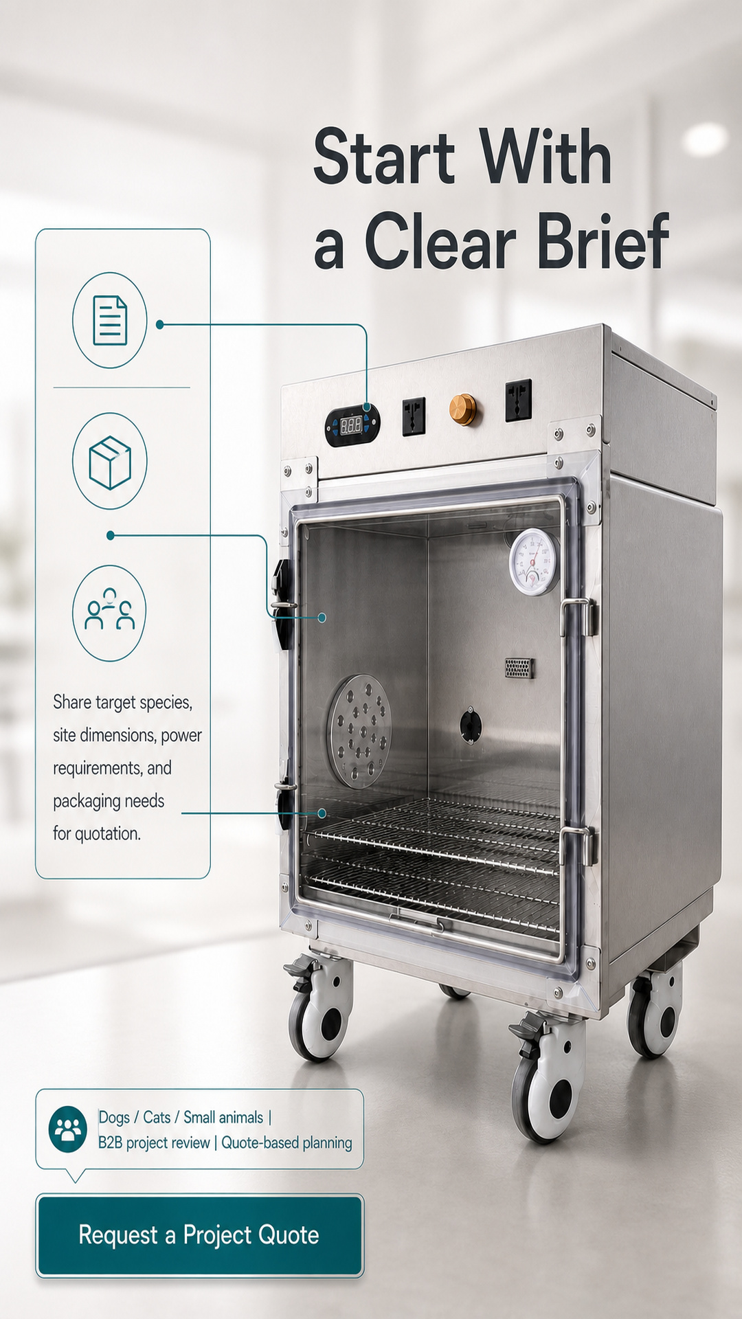 Pet oxygen chamber detail graphic inviting a B2B brief for species, site, power, and packaging needs