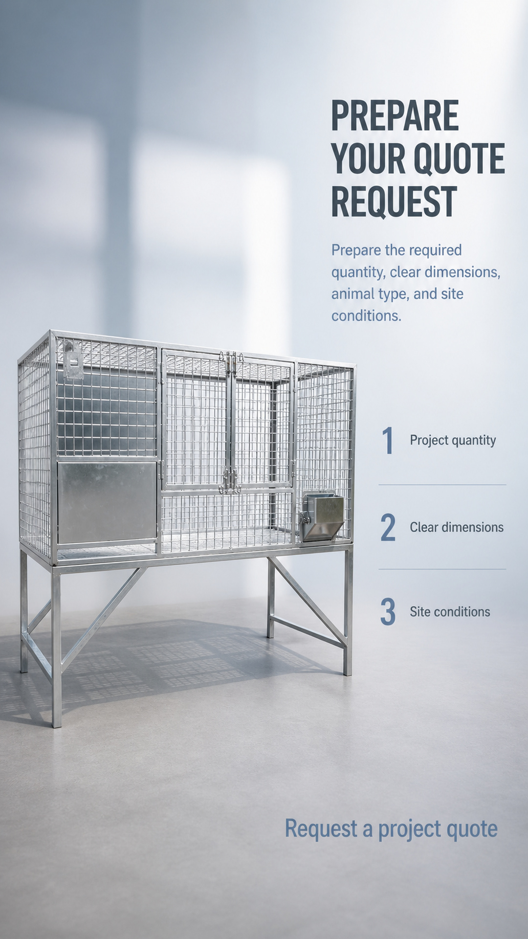 Quote-support detail poster showing project quantity, clear dimensions, and site conditions prompts.